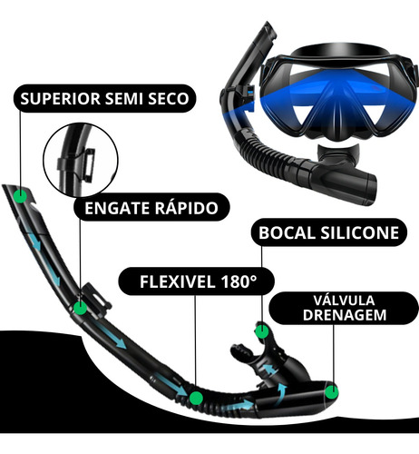 Kit Mergulho Máscara Óculos Lentes Profissional Snorkel Nfe