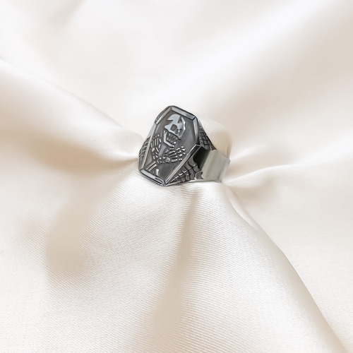 Anillo Calavera Ataud Acero Regulable B) Mediano