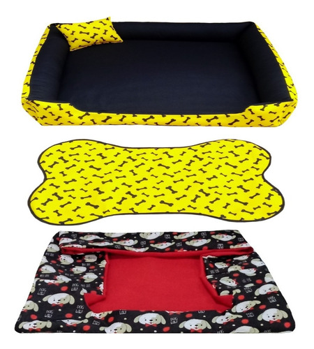 Cama Para Cachorro Grande Gg 95x95 Cm + Tapete E Capa Extra Cor Cama Amarela+capa Vermelha