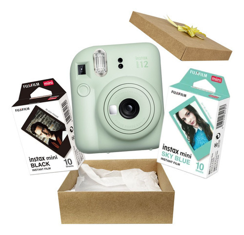 Camera Revela Foto Instax Mini Kit Filme Preto + Skyblue Cor Verde