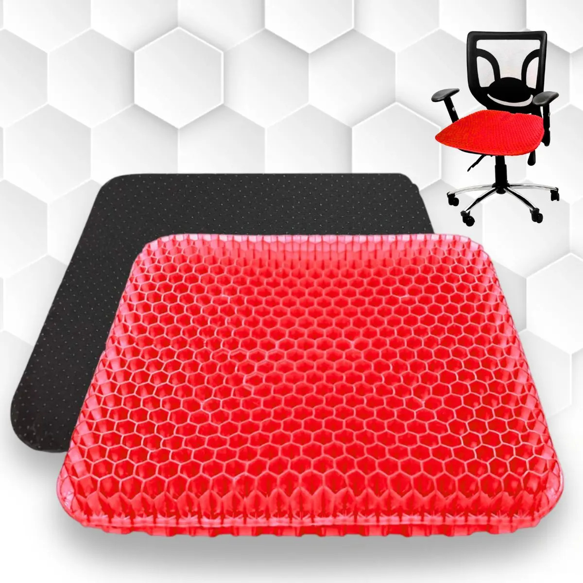 Cojin Gel Silicon Silla Ergonomico Casa Auto Oficina Panal Color Rojo Diseño Tela Lisa Antideslizante Lavable