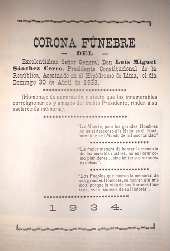 Corona Funebre Del Señor Don Luis M. Sanchez Cerro