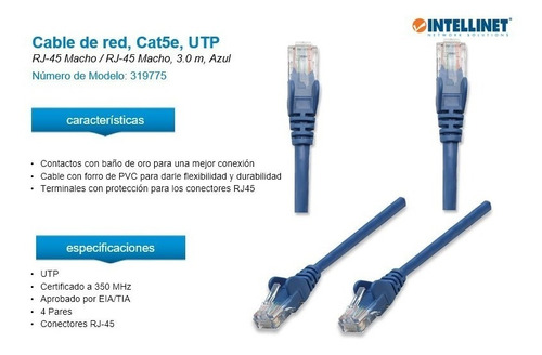 Cable De Red Intellinet 3 Mts Cat 5e Utp Azul Mod 319775