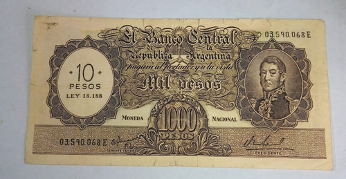 Billete Argentina 1000 Pesos Mn. Resellado Vf+ Ley 18188
