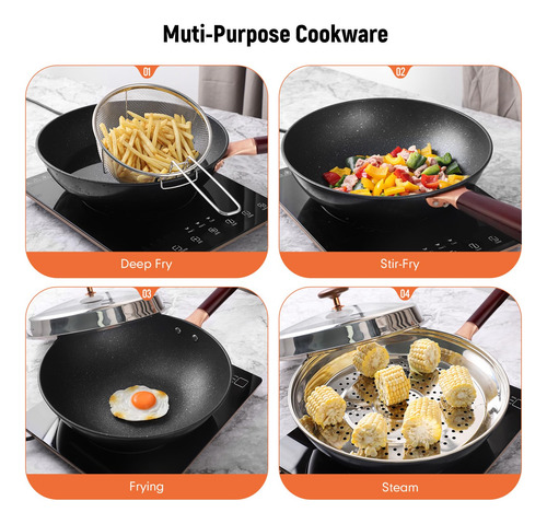 Wok Y Sartén Antiadherente Con Tapa De Vapor Grande Profundo