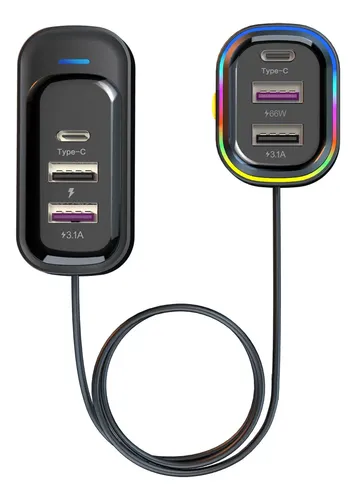 Carregador Veicular Rapido 66w Extensao Banco Traseiro Usb C Preto