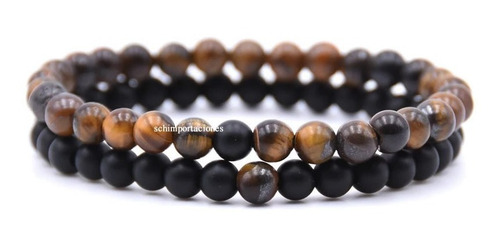 Pulseras De Distancia Ojo De Tigre + Ónix Mate -2 Pulseras