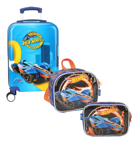 Kit Malinha Hot Wheels Mala Escolar Rígida 4 Rodinhas 360°