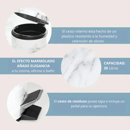 Papelera Tacho De Basura Pedal Baño Simil Marmol 30 Lts Blanco