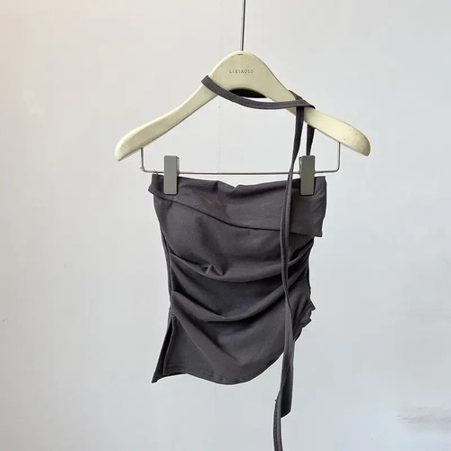 Camiseta Sin Mangas Para Mujer Con Cuello Halter, Negro, Gri