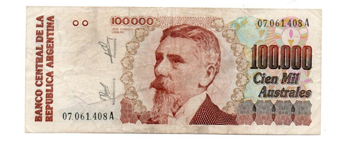 Billete Argentina 100000 Australes Bottero 2891 Serie A B+