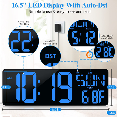 Gran Reloj Digital De Pared Con Mando Led 17.2 Pulgadas