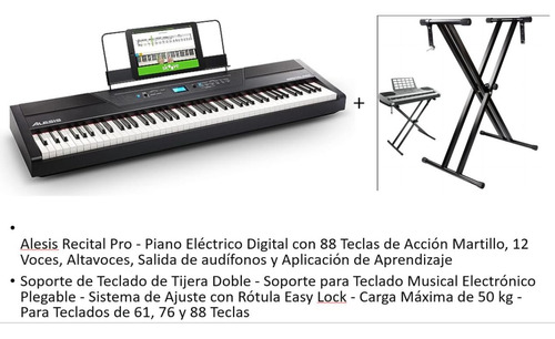 Piano Eléctrico Digital Alesis Recital Pro 88 Teclas + Base