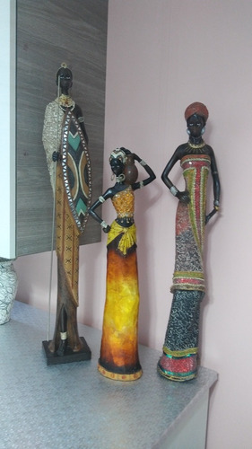 3 Figuras Africanas De Porcelana De 70 Cm, 60cm Y 51 Cm Usad