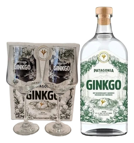 Botella Gin Ginkgo Patagonia + Caja Estuche 2 Copas Regalo
