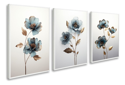Quadros Decorativos Parede Azul Flores Sala Quarto Moldura
