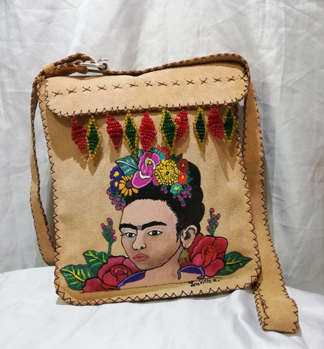 Bolsa Gamuza Frida Costurada, Pintada A Mano Con Chakira.