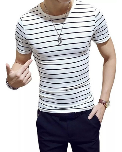 Camiseta A Rayas Para Hombre, Camisetas Ajustadas De Algodón