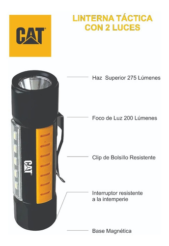 Imagen 4 de 6 de Linterna Táctica De Mano Cat 2 Haz De Luz 275/200 Lúmen Iman