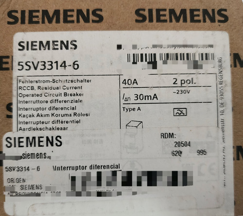 Interruptor diferencial tipo A 2 pólos 40 Amp 30ma Siemens