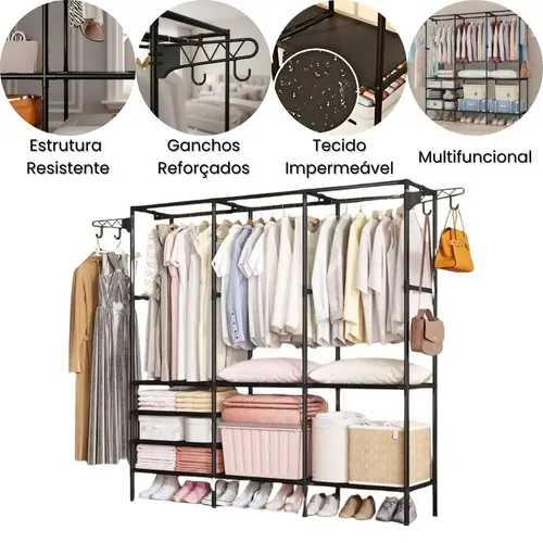 Guarda Roupa Dobrável Modular Cabideiro Triplo Closet Aberto Organizador De Roupas Desmontável E Arara Organizadora 3 Colunas Em Aço Resistente Preto Lar Textil