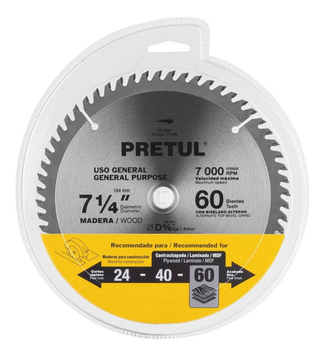 Disco Sierra P/madera 7-1/4 60 Dientes C 5/8 Pretul 27059