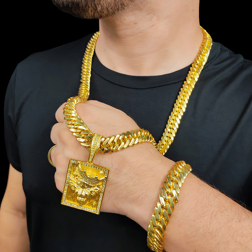 Corrente E Pulseira 13mm Grossa Elos Duplos + Leão Cravejado Cor Ouro 18k