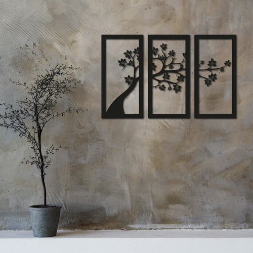 Cuadro Triptico Calado Madera Moderno Decoracion Arbol Vida Color Negro