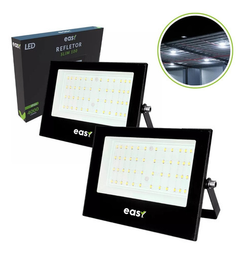 Kit 2 Refletor Led 100w Bivolt Branco Frio 6500k - Easy Cor da carcaça Preto Cor da luz Branco-frio 110V/220V