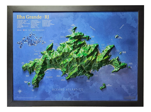 Quadro Ilha Grande Rj - Mapa 3d Colorido Com Relevo Realista