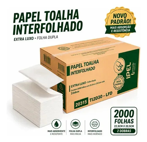 Papel Toalha Interfolha Seca Mãos Folha Dupla C/ 2000 Fls x250