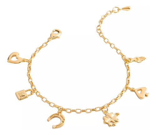 Pulsera Nice Bañada En Oro 18 Kilates Corazón Candado Herradura Trébol Y Mano Mística