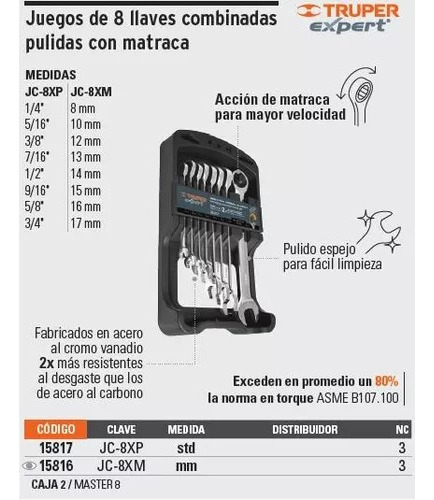 Juego Llaves Combinadas Con Matraca 8 Pzas Mm Truper 15816