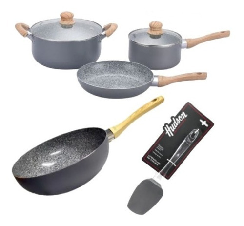 Juego Cacerola Olla Sarten Wok Granito Hudson 6pz 2mm