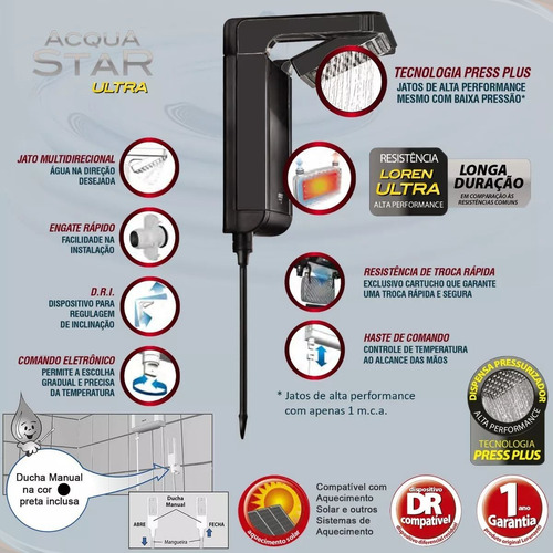 Chuveiro Ducha Lorenzetti Acqua Star Ultra Preto 220v 7800w