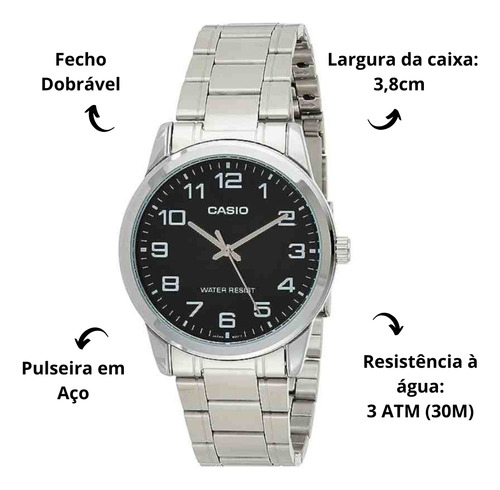 Relógio Casio Classic Prata Masculino Mtp-v001d-1budf-sc Correia Prateado Bisel Prateado Fundo Preto