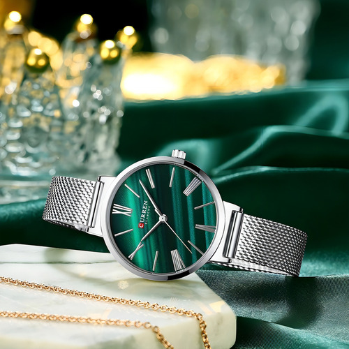 Reloj Casual De Cuarzo Impermeable Con Cinturón De Malla Cur Color De La Correa Verde Plata