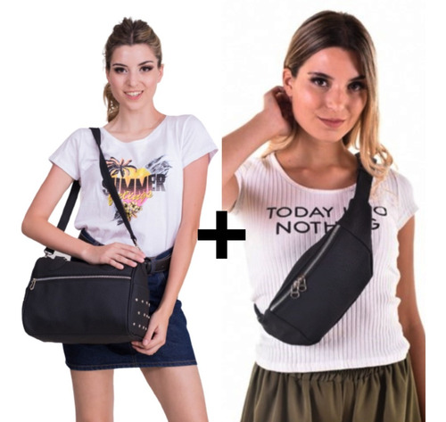 Combo Cartera Mujer + Riñonera Cuero Pu - Varios Modelos 