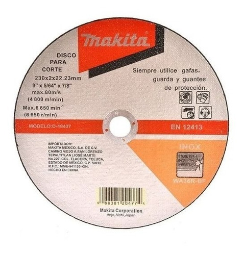 Disco Abrasivo Corte Acero Inoxidable 9 X 7/8 Makita D18437