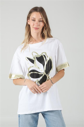 Remera Remeron Premium Flor Dorada Foil Con Strass Gu68000