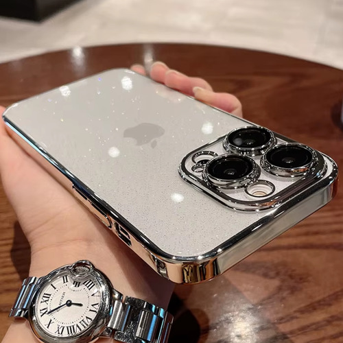 Funda Para Iphone 15 16 Con Brillos Y Protector De Cámara Plateado Iphone 16 Pro