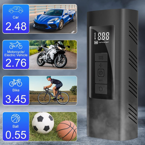 Compresor De Aire Portatil A Batería Inflador Neumaticos Color Negro Fase eléctrica Bifásica Frecuencia 60Hz