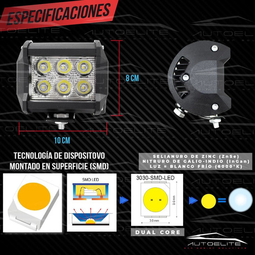 Imagen 3 de 10 de Juego Faros Led Cree Barra 6 Led 18w Cuadrado Jeep 4x4 Rzr