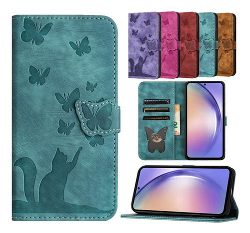 Funda Tipo Libro Flip Butterfly Cat Para Samsung Galaxy A71 A56 A55 A54 A53 A52s A51 A42 A36 A35 A34 A33 A32 4g 5g