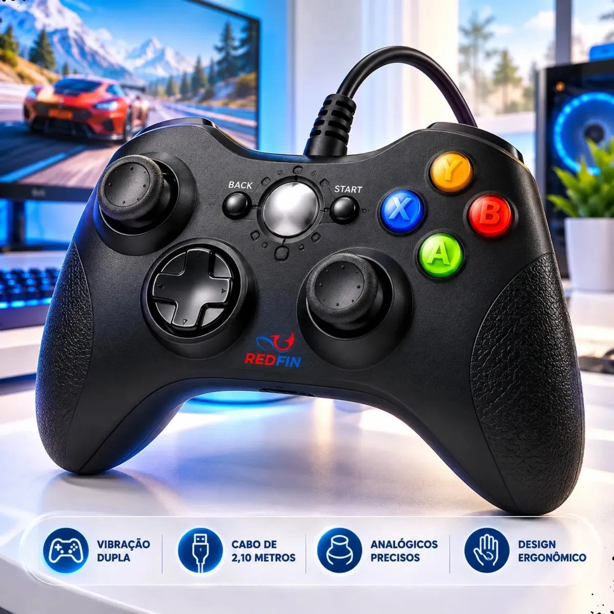Controle Para Xbox 360 Com Fio USB Joystick Manete Gamepad Controle PC Gamer Para Computador Windows Steam Game Pass Android Gamepass TV Vibração Analógico Ergonômico Plug And Play Redfin