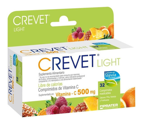 Crevet Light Vitamina C 500mg Suplemento Alimentario X32 Sabor Piña, Naranja Y Frambuesa