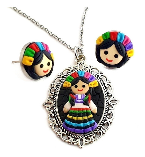 Juego Collar Y Aretes De Muñeca María Mexicana Lele Fimofemi