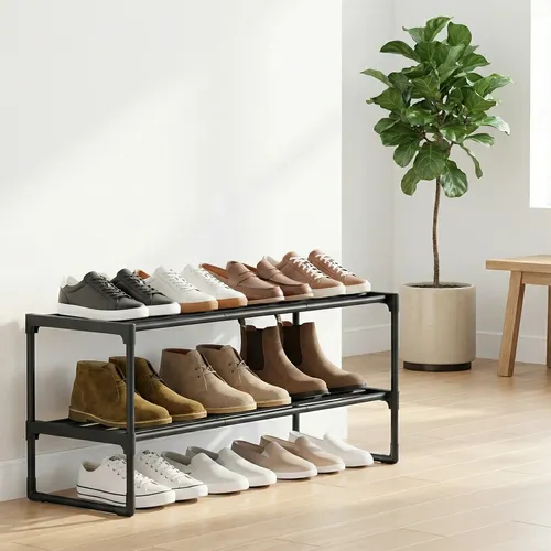 Estante Para  Sapatos, Metal, Organizador De 3 Andares Preto