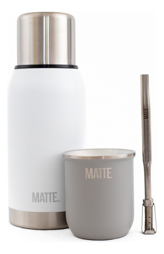 Set Termo Matte White 750cc + Mate Steel + Bombilla 