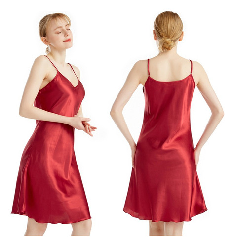 Camisón Con Tirantes Con Cuello En V Liso Fino De Verano